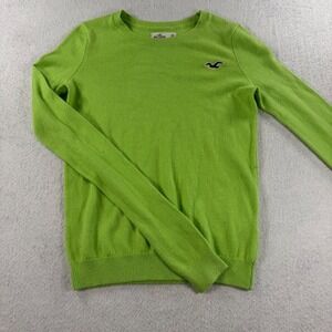 Hollister Crewneck Sweater Womens XS Lime Green Embroidered Logo Knit Y2K Indie